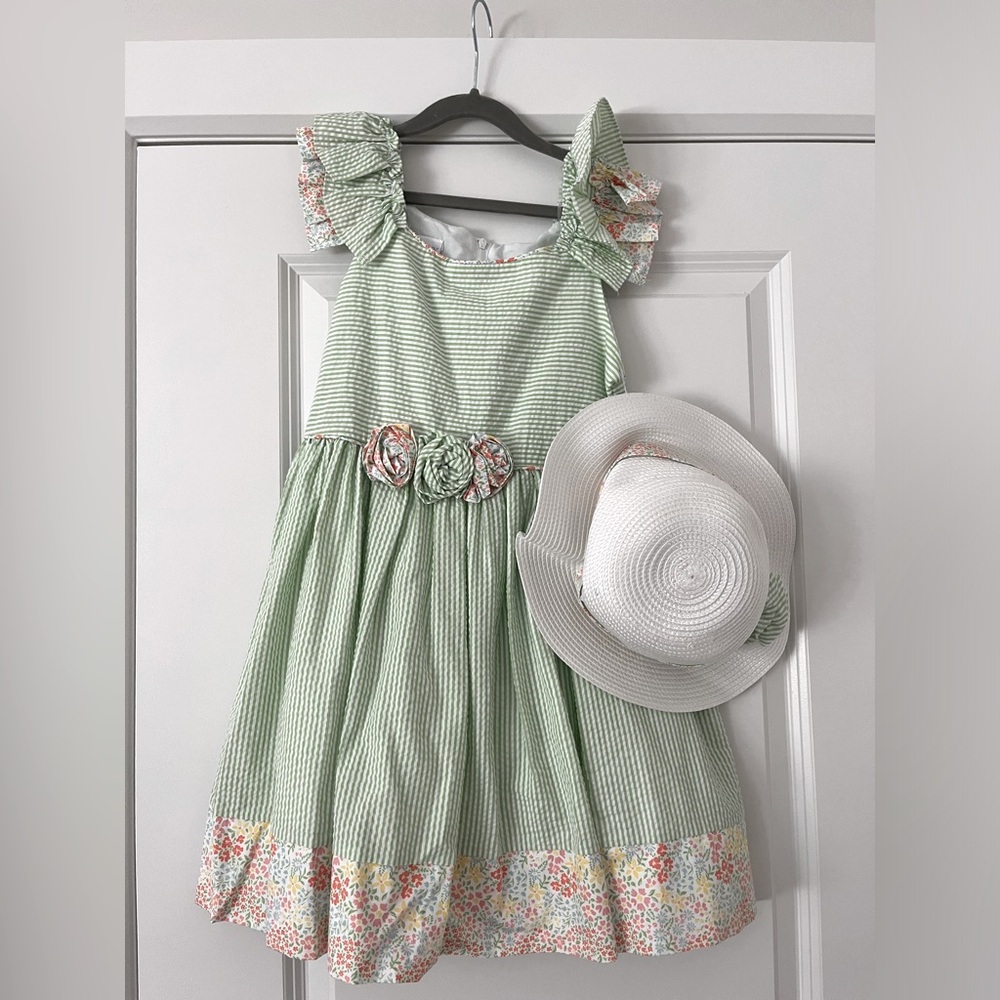 Iris & Ivy Girl's 2-Piece Striped Seersucker Dress & Hat Set
